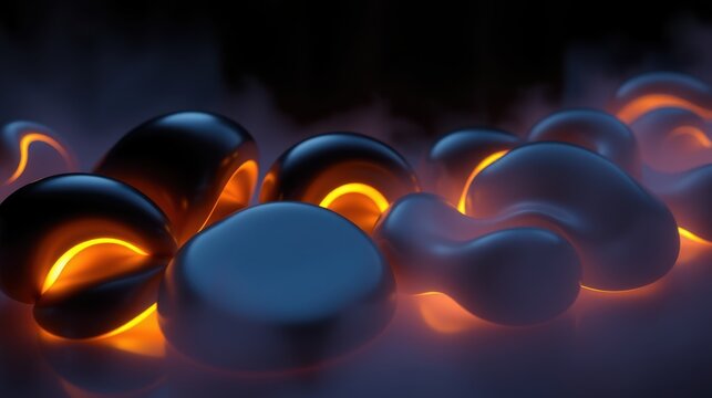 Dark smooth shapes glow warmly. Abstract forms suggest molten rock or energy radiating from within shadowy depths. Dramatic lighting creates visual interest.