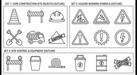 construction site icons and symbols black outline on white background © SERINA AKTHER