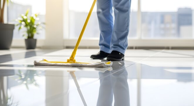 Professional Cleaner Mops Shiny Floor with a Yellow Mop and Reflective Surface