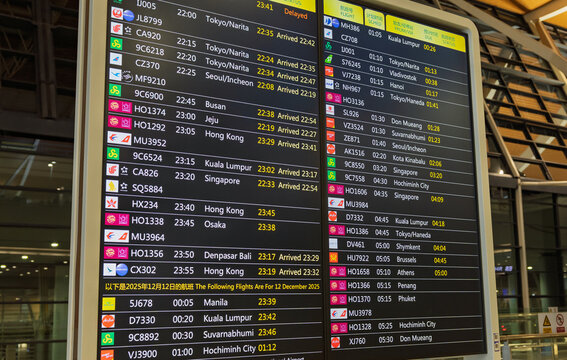 Shanghai, China - December 11, 2025: Digital screen displays extensive international flight schedule