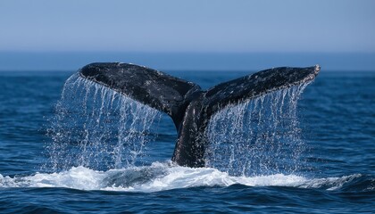 Naklejka premium Humpback whale tail fluke rising out of the deep blue ocean water with water droplets falling from the surface during a whale watching excursion in the open sea