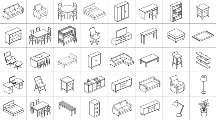 Set of isometric furniture icons for interior design, including sofas, beds, tables, chairs, cabinets, and lamps © S.Siam