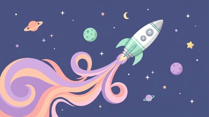 Naklejka premium A rocket ship blasts off into the cosmos with swirling purple and orange flames.