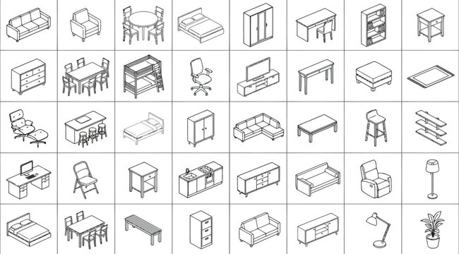 Set of isometric furniture icons for interior design, including sofas, beds, tables, chairs, cabinets, and lamps