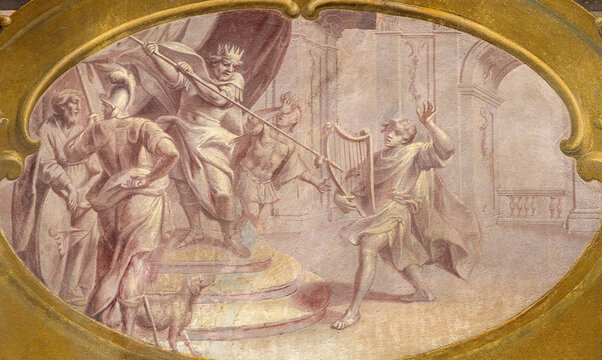CREMA, ITALY - MARCH 20, 2026: The fresco of David playing the harp before Saul the church Santuario di Santa Maria della Croce by   brothers Giuseppe and Giovanni Antonio Torricell from year 1762