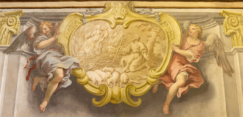 Obraz premium CREMA, ITALY - MARCH 20, 2026: The fresco of God appeared moses in the burning bush the church Santuario di Santa Maria della Croce by Giacomo Parravicino - il Gianolo from year 1721