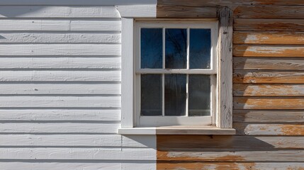 Obraz premium Side by side comparison of siding damage repair showing restored white painted lap siding at left and weathered unpainted wood siding with damage at right. main object, house window.