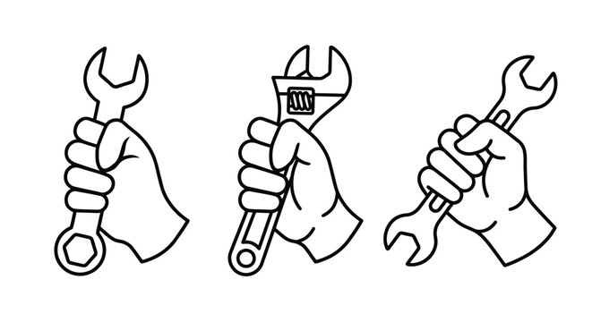 hand holding wrench line drawing on white background