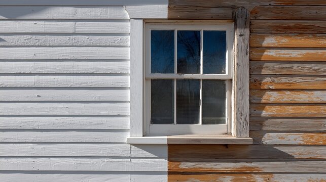 Side by side comparison of siding damage repair showing restored white painted lap siding at left and weathered unpainted wood siding with damage at right. main object, house window.