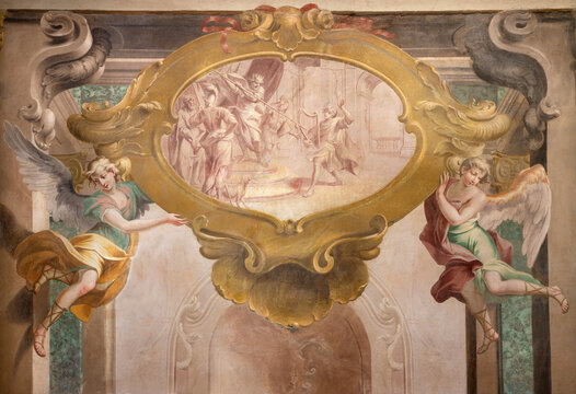 CREMA, ITALY - MARCH 20, 2026: The fresco of David playing the harp before Saul the church Santuario di Santa Maria della Croce by   brothers Giuseppe and Giovanni Antonio Torricell from year 1762