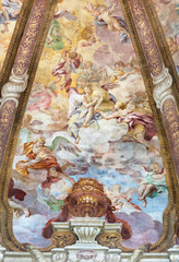 Obraz premium CREMA, ITALY - MARCH 20, 2026: The fresco of angels with the Flagellation instruments in cupola of the church Santuario di Santa Maria della Croce by Giacomo Parravicino (1702). 