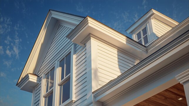 New siding installation result on a residential facade showing clean vinyl siding, trim, soffit and window detailing with crisp finish and improved curb appeal.