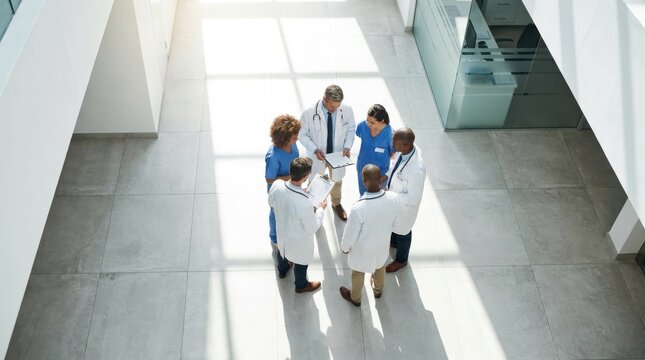 Group of doctors in huddle discussing charts in modern building lobby.