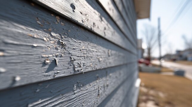 Close-up of weathered siding with peeling paint on house facade implying siding replacement and exterior maintenance need.
