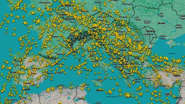 Time lapse Air traffic density map showing commercial flights across Europe, aviation monitoring interface with crowded aerial routes
