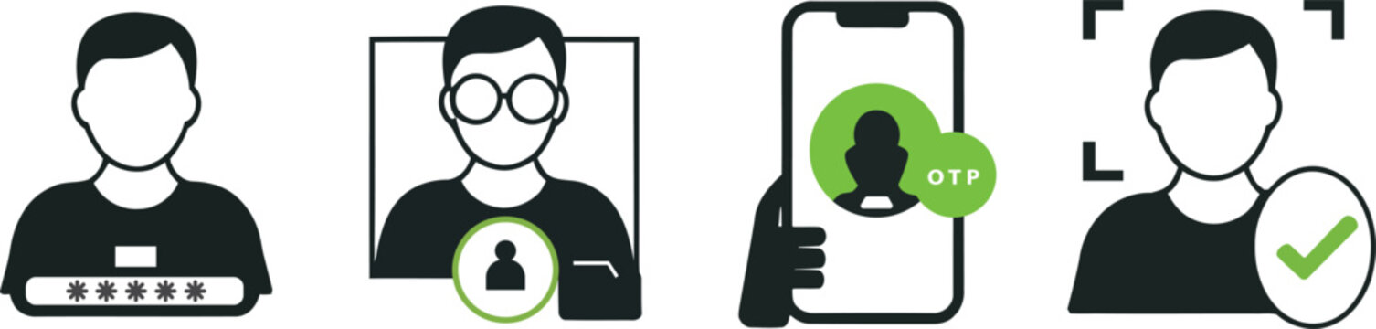 2FA Security Process Silhouette Icon Set, Two Factor Authentication Login, Biometric and OTP Verification Minimal Vector