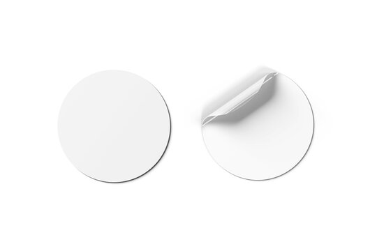 Blank curled sticker isolated on white. Circular label mockup. 3D rendering
