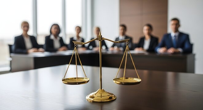 Scales of Justice with Professionals in the Background of the Courtroom