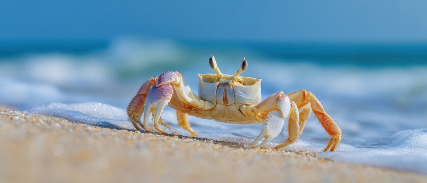 The Ghost Crab Standing on White Sandy Beach with Ocean Foam and Soft Sunrise Light