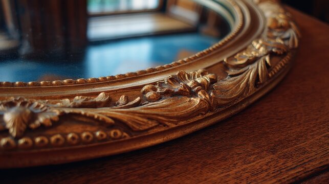 Ornate vintage mirror frame with intricate floral designs and reflections in a classic interior setting for home decor