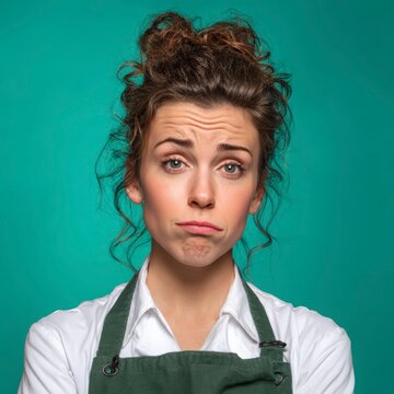 Woman with confused expression wearing apron