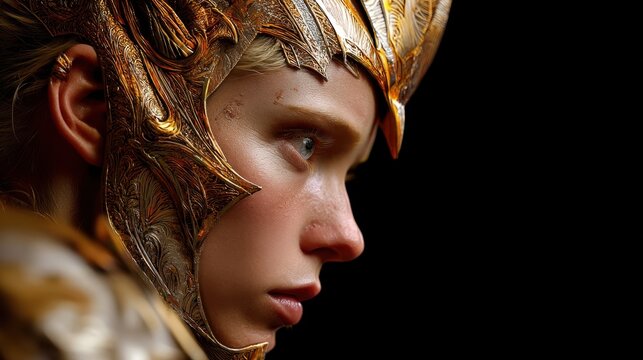 Majestic Warrior with Ornate Armor and Intense Expression Against Dark Background