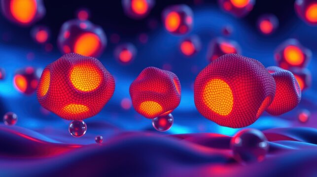 Abstract red structures float within blue space. Glowing orbs suggest energy, science, technology concepts. Complex forms create visual depth.