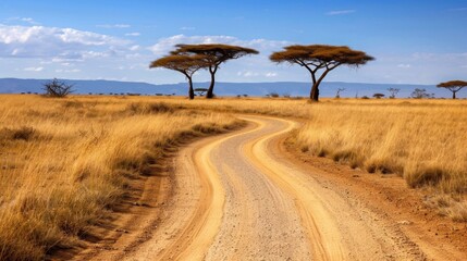 Fototapeta premium Scenic Winding Dirt Road Through Golden Grasslands with Iconic Acacia Trees Against a Clear Blue Sky