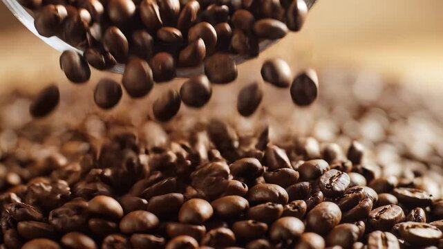 Closeup shot of roasted coffee beans falling from a scoop onto a pile.