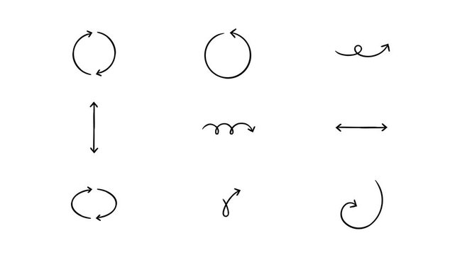 Circular and loop animated hand-drawn sketch arrows set. Doodle line pointers animation for explainer content. Simple handdrawn symbols 4K video pack. Freehand overlay motion graphics for social media
