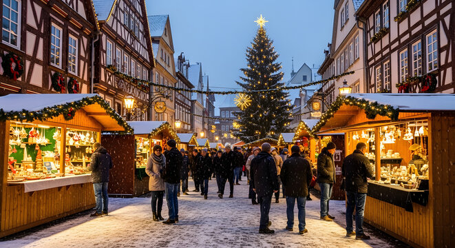A majestic Christmas tree stands in the old town city center of Riga, surrounded by historic European architecture, narrow streets, and people visiting the cathedral in the urban park