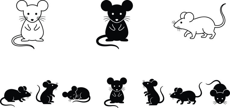 Set of cute flat vector mouse and rat icons in various poses and silhouettes isolated on a clean white background.