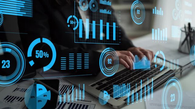 A professional office setup featuring a person using a laptop with floating graphs and statistics, symbolizing business analysis and strategic decision making. Xenic