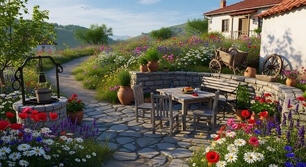 Obraz premium Idyllic Mediterranean garden with stone patio, outdoor dining set, and a traditional well surrounded by vibrant wildflowers and a charming house.