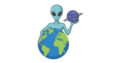 Alien holding planet earth and a ringed planet © salsa