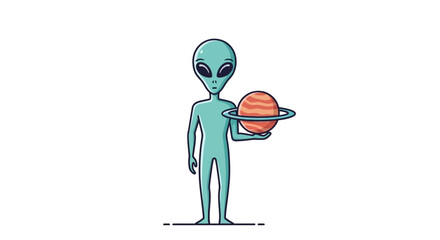 Alien holding planet Saturn, cartoon illustration © salsa