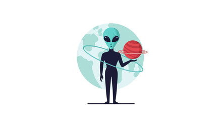 Alien holding planet with globe and rings, vector illustration © salsa