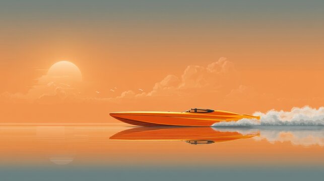 Vibrant Orange Speedboat Gliding Across Calm Waters During Sunset under a Warm, Colorful Sky