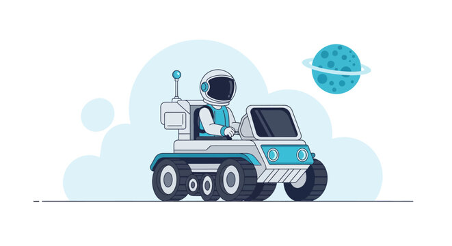 Astronaut driving rover on alien planet with rings