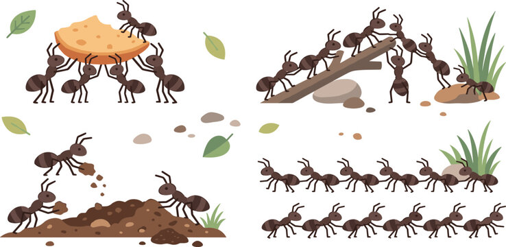 Industrious ant colony teamwork set building bridges carrying heavy food and working together vector illustration collection
