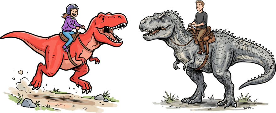 People Riding Dinosaur Illustration Set with T Rex Characters, Adventure Concept, and Fantasy Prehistoric Scene in Detailed Cartoon Style Design