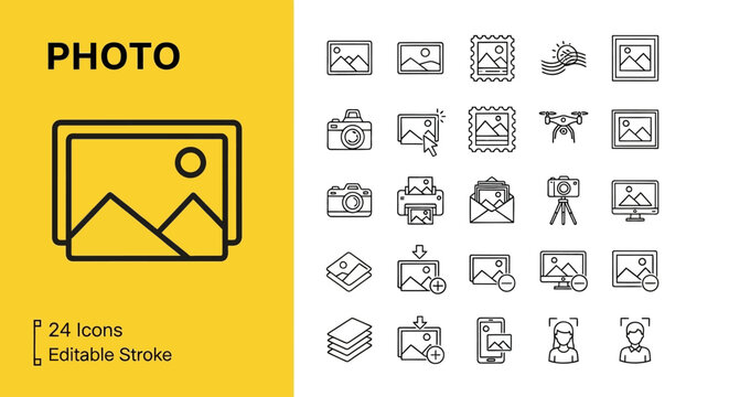 A collection of 24 outline icons related to photography, cameras, drones, and document scanning, all editable and designed for digital use