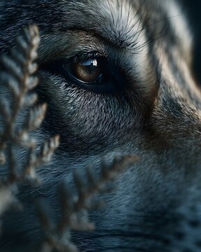 xtreme close up of a wild wolf eye looking through ferns