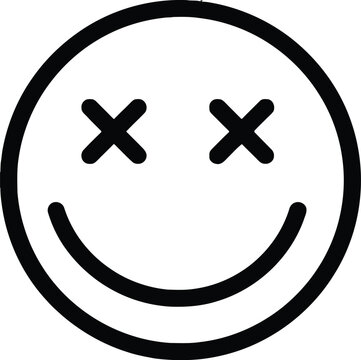 Dead, smiling face icon, black line art, vector emoticon, crossed eyes