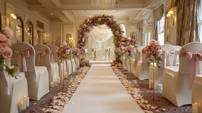 Elegant wedding ceremony setup with floral arch, aisle decorations, and soft candle lighting, perfect for romantic celebrations