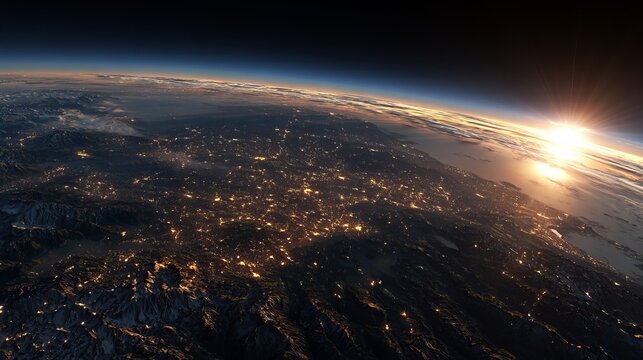 Earth planet captured from outer space showing glowing city lights and a beautiful bright sunrise