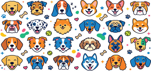 Large collection of cute dog breed faces featuring golden retriever bulldog corgi husky pug and many puppy icons © MST HASMOTARA