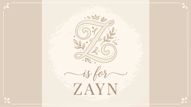 Elegant vintage baby name sign illustration with letter Z is for Zayn on classic beige background