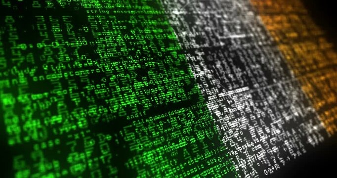 Ireland flag waving secure code. Irish blowing banner cyber security attack and hack concept animation.