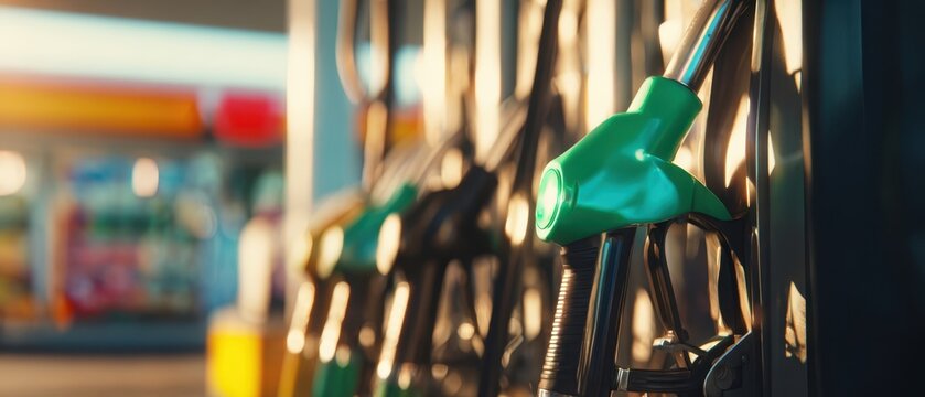 The green fuel pump nozzle at a modern gas station with blurred background